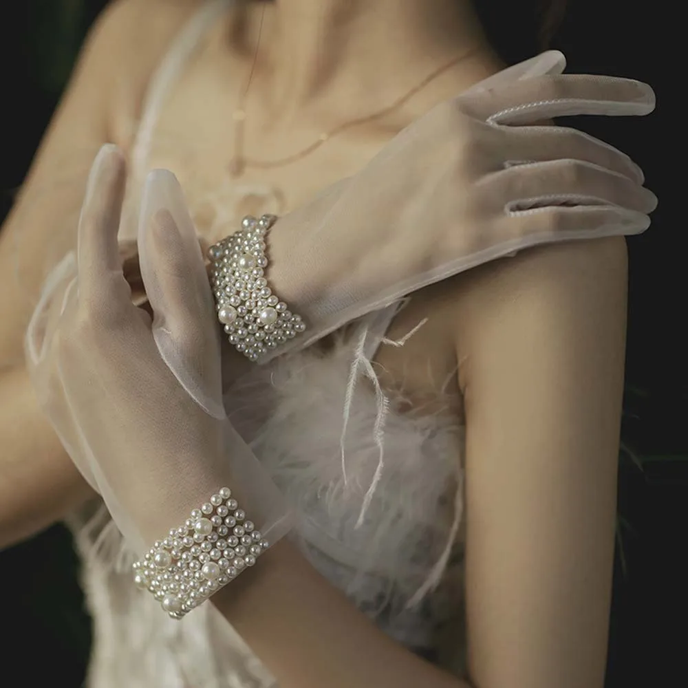 Transparent Hand-made Women Summer Lace White Tulle Mittens Short Wedding Gloves Pearl Finger Gloves Bow