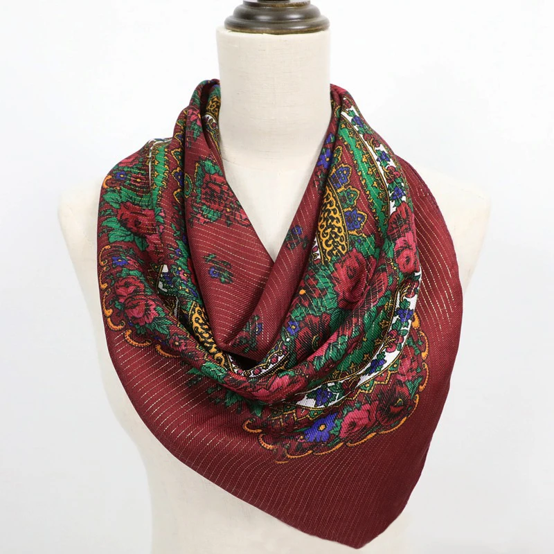 Luxury Russian Cotton Bandana Hijabs Women Square Scarf Spring Crinkle Shawl Floral Print Neckchief Headband Hair Accessories