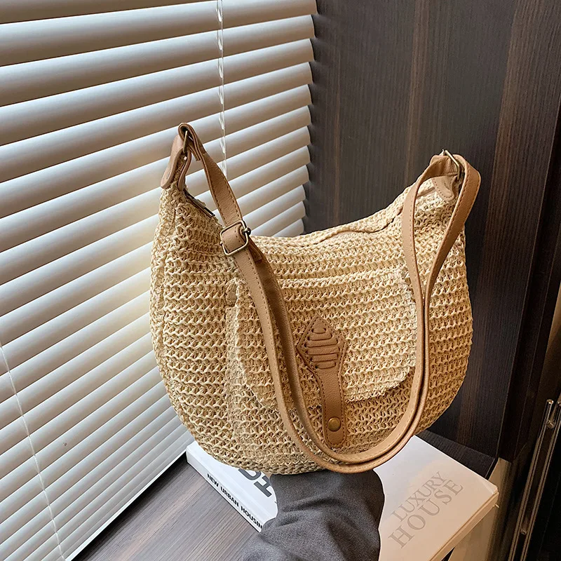 

Casual Khaki Beige Underarm Saddle Bags Summer New Straw Handbags For Women Fashion Large Capacity Shoulder Bag Crossbody Female