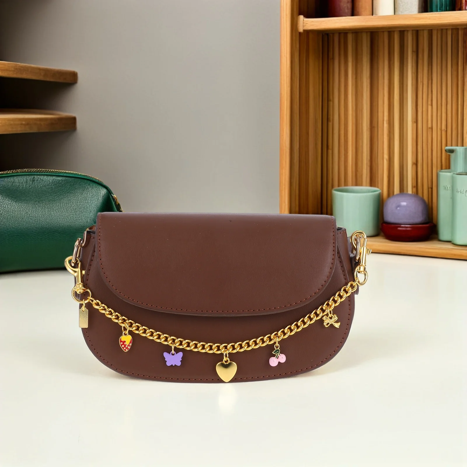 여성용 체인 백 스트랩 12.7인치 골드 메탈 연장 스트랩 핸드백 교체용 숄더 스트랩 과일 참 장식 포함