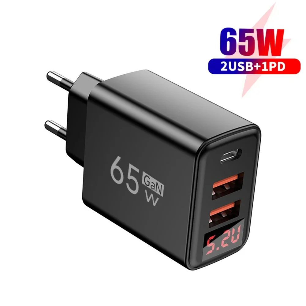 65W GaN USB Charger  Dual Ports Type C Fast Charging Travel Charger Digital Display Quick Charge 3.0 EU/US/UK  Plug Wall Adapter