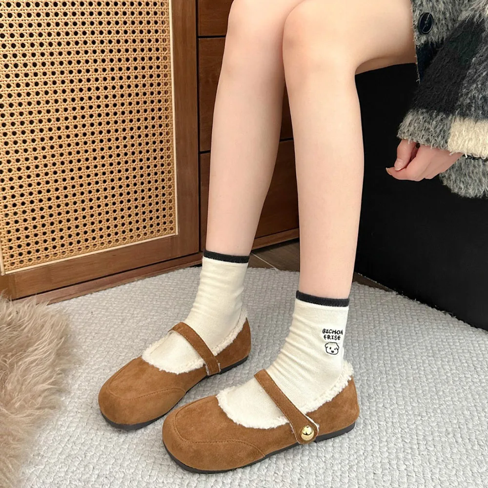 Cute Lolita Furry Women Flat Shoes Bow knot Round Head Buckle Women's Shoes Luxury Casual Winter Flat Shoes Women