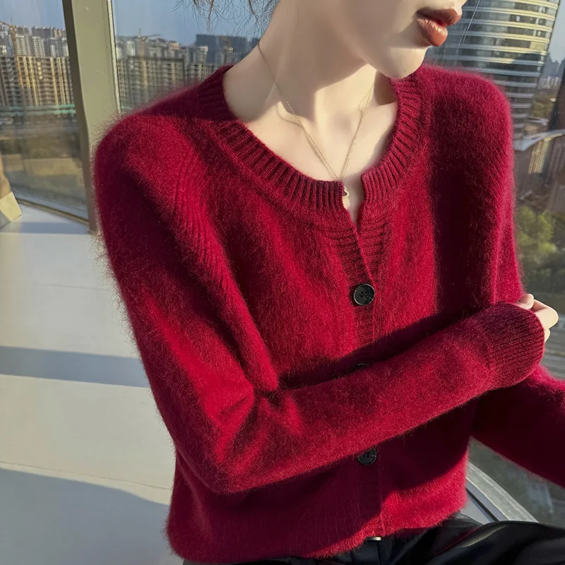 

O-Neck Cardigan 100% Mink Cashmere Sweater Autumn And Winter Soft Women Long Sleeve Knitwear Elegant Clothing Tops