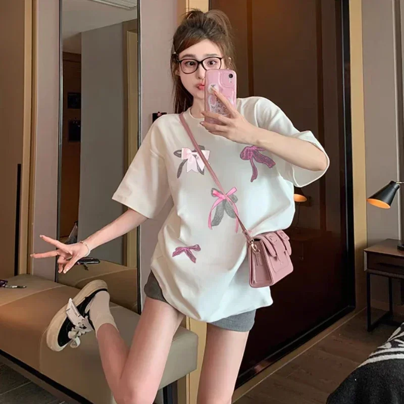 Camisetas femininas casuais soltas arcos estéticos y2k fada grunge elegante doce adorável meninas design manga curta moda verão