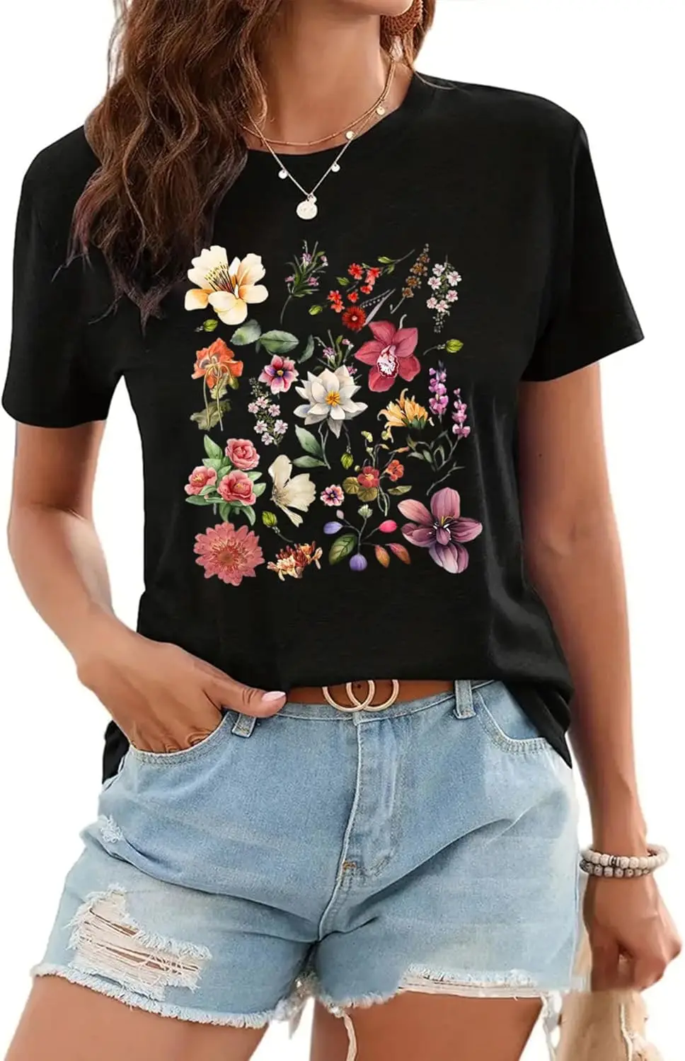 Vintage Pressed Flowers Women's Crew Neck Casual Short Sleeve Vintage Summer Graphic T-Shirt