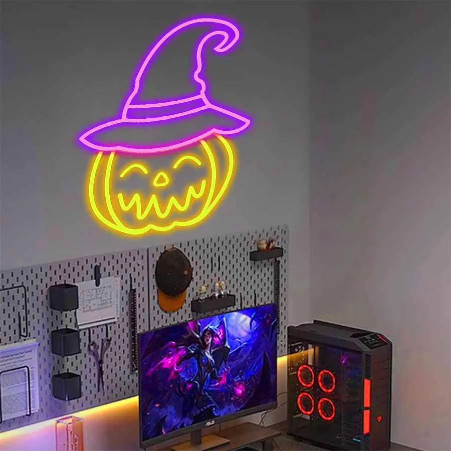 Lampu LED Neon labu Halloween, lampu malam, colokan USB untuk ruang Game, dekorasi dinding kamar tidur, lampu pesta Festival