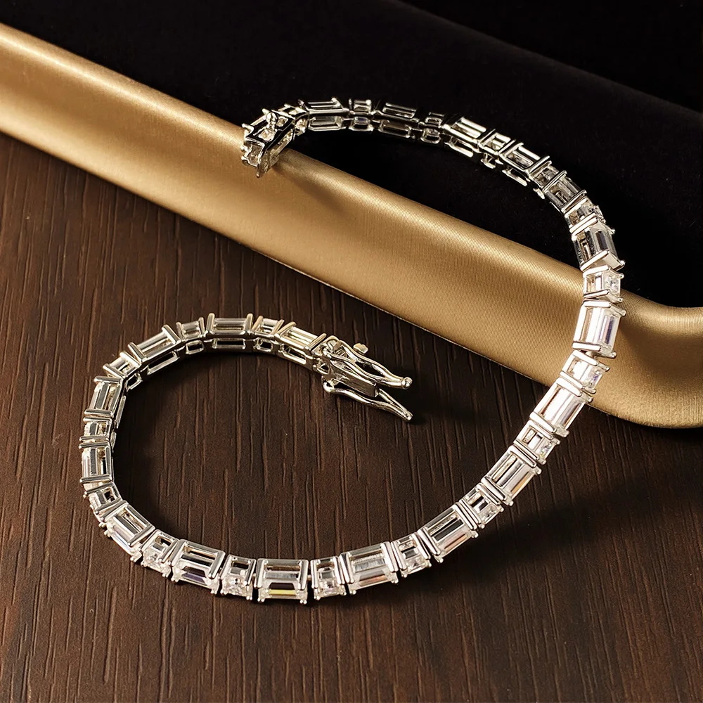 KNOBSPIN Emerald/Ascher Cut Moissanite Tennis Bracelet s925 Sterling Silver Plated White Gold with GRA Bracelets for Women Man