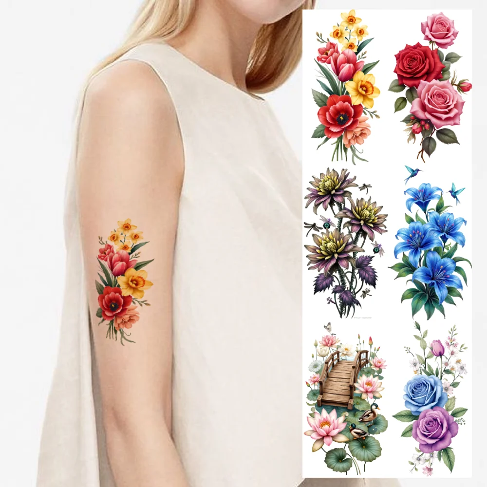 

9pcs Temporary Tattoo Colorful Orange Flowers Mixed Blossoms Floral Arrangement With Butterflies For Adult Back Thighs