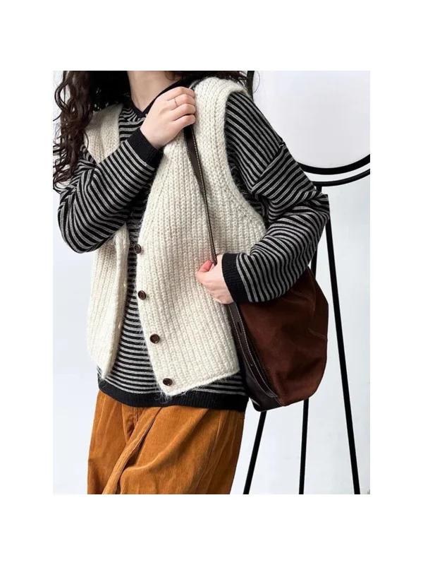 Gray V-Neck Knitted Vest Women's Spring Autumn Outerwear Layering Shoulder Sweater Open Cardigan Top Cleanfit Style Short Length