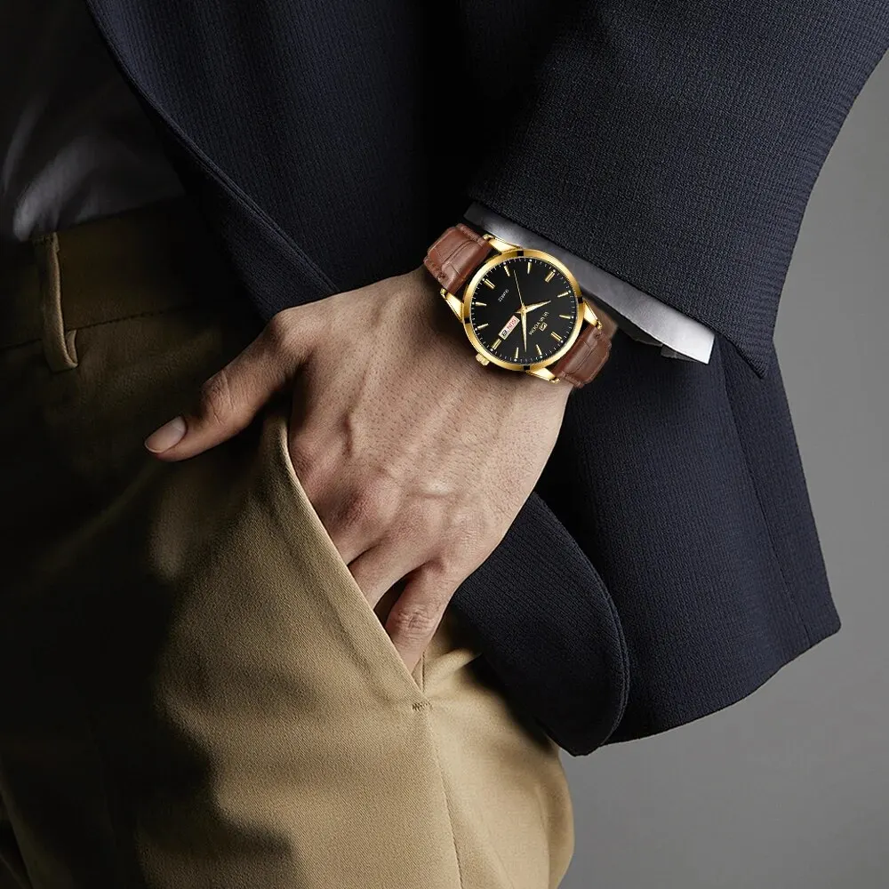ساعة رجال الأعمال ، الكلاسيكية ، النمط البريطاني ، الجلد ، الذهب ، الأسود ، الكاجوال ، الكوارتز ، الفخامة ، التوهج ، ساعة اليد المقاومة للماء ، جديد ،