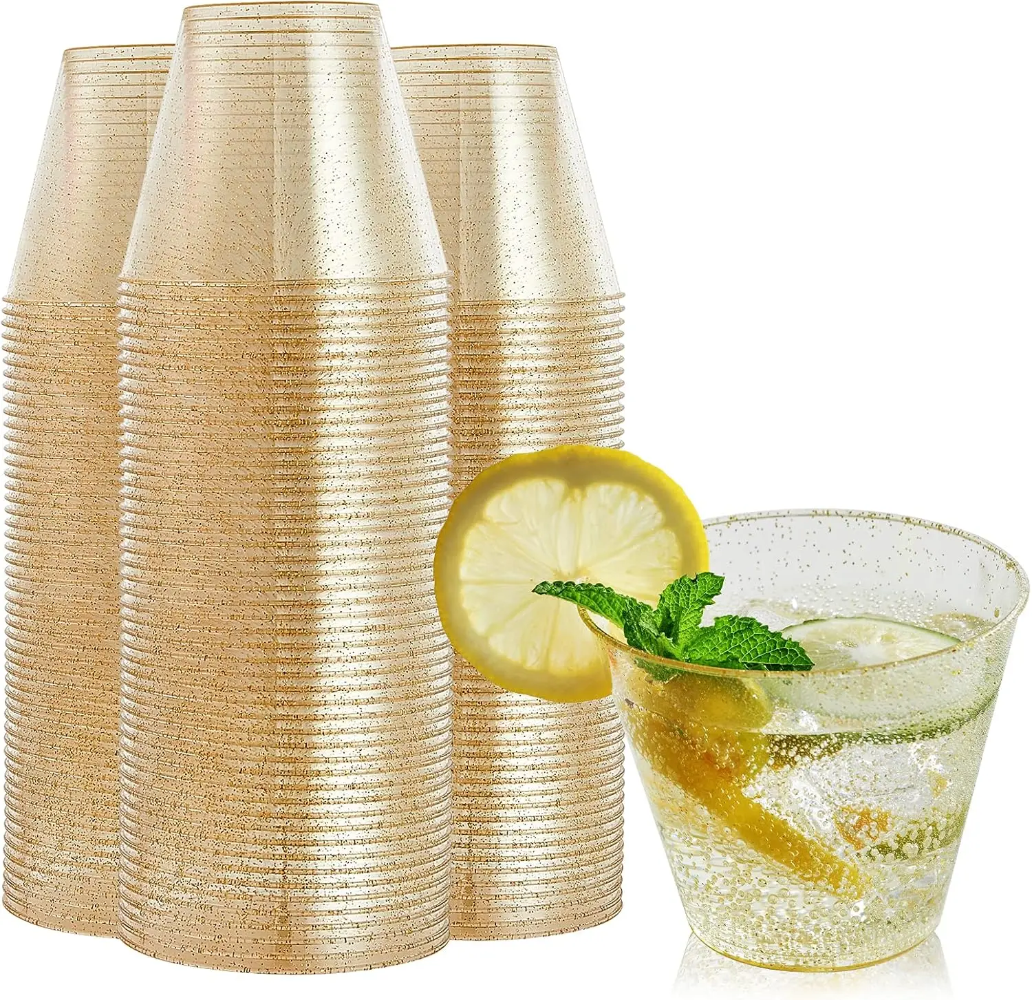 

9 oz Gold Plastic Cups, Disposable Clear Fancy Hard Plastic Cups, Gold Glitter, Heavy Duty, Reusable,100 Count