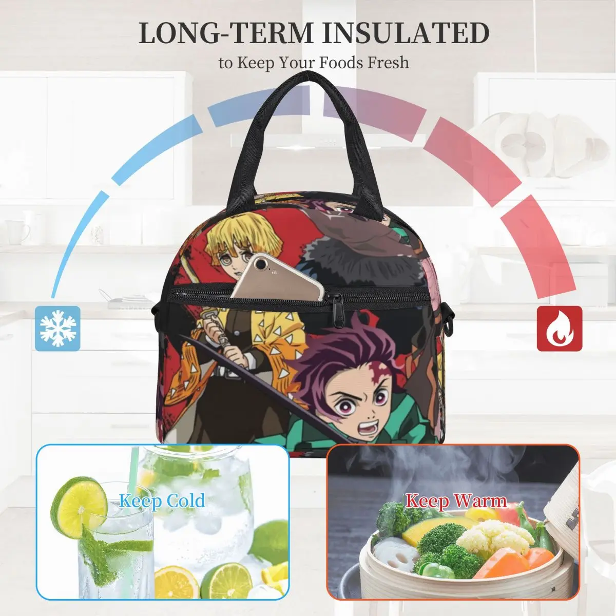 Kimetsu No Yaiba Demon Slayer Lunch Bags Insulated Bento Box Lunch Tote Resuable Picnic Bags Cooler Thermal Bag for Woman Office