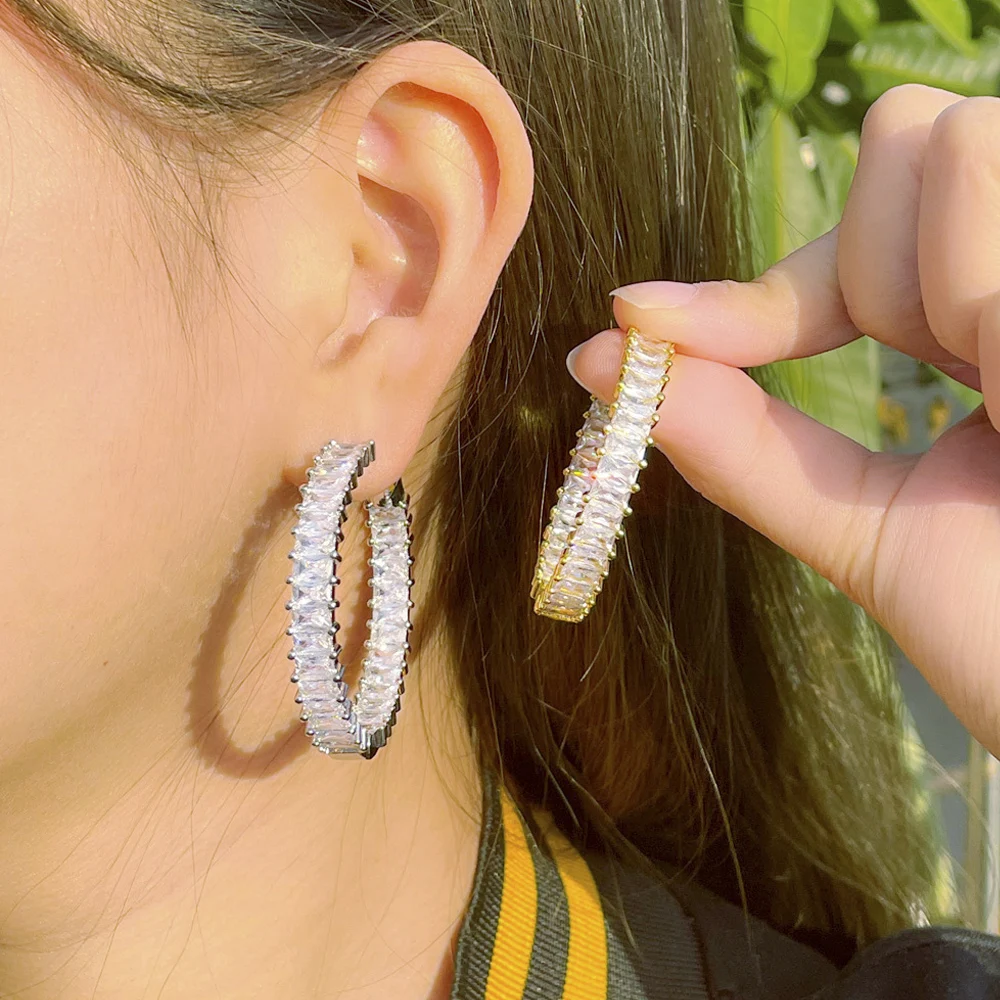 

ThreeGraces Brilliant Baguette Cubic Zirconia Gold Color Big Circle Round Hoop Earrings for Women New Trendy Party Jewelry ER781
