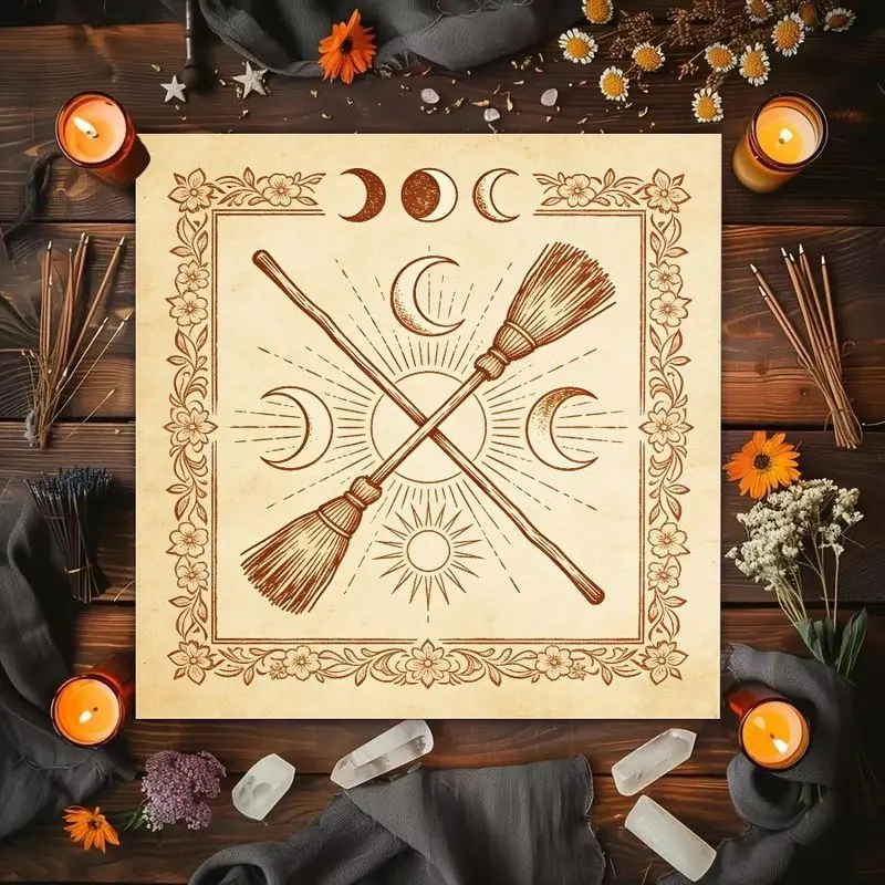 VIKAMA Three Phase Moon Witch Broom Retro Flower Altar Cloth Tarot Card Tablecloth Wicka Divination Ceremony Mat