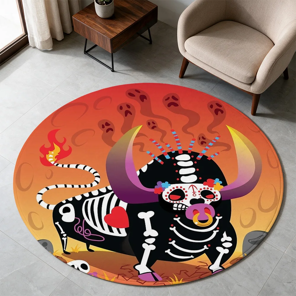 Vibrant Day of the Dead Sugar Skull Skeleton Fiesta Area Rug for Halloween Boho Home Decor