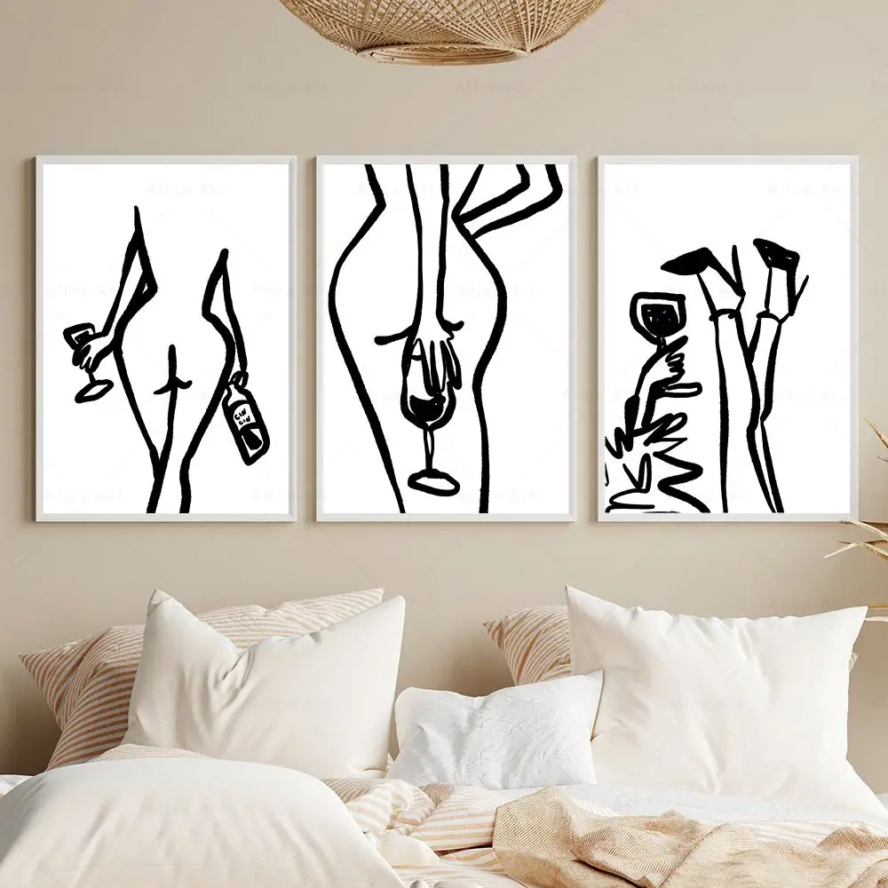 Abstract Women Line Drawing Wall Art Canvas Painting Female Nude Drinking Posters Ink Bleed Minimalist Print Nordic Room Decor