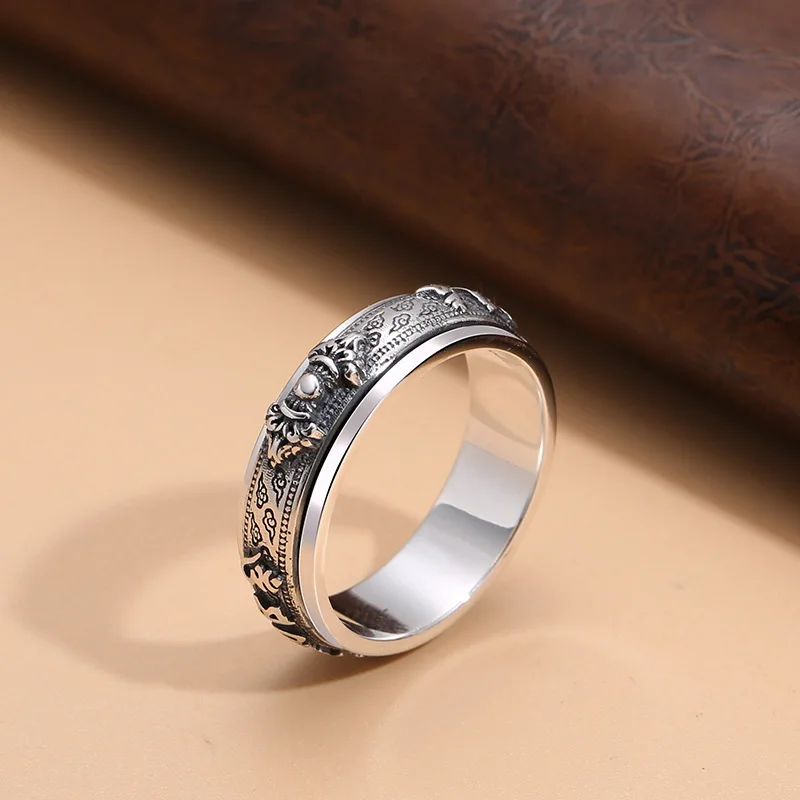 

Six-character mantra s925 sterling silver rotating ring retrostylish thai silver retro distressed ring