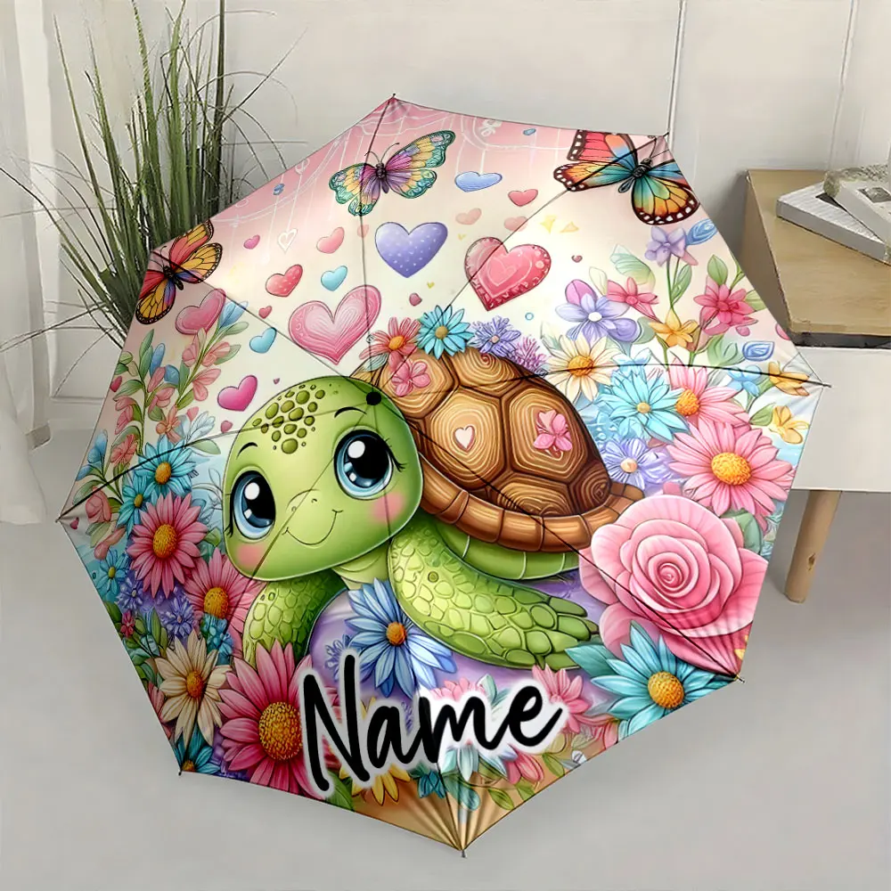 Custom Name  Colorful Turtle and Floral Umbrella Design Print 8 Iron Ribs Folding Umbrella Auto-Open Fashion Sunshade