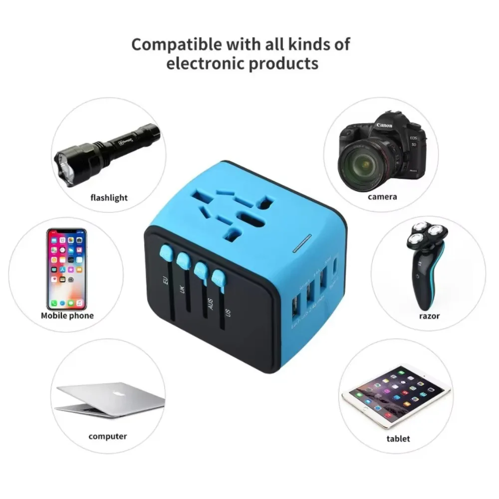 Universal Travel Adapter with European Union/UK/Australia Plug, 3 USB Type-C Ports, 1440W Fireproof PC + ABS Wall Charger
