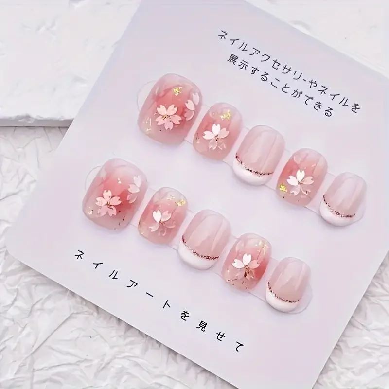 10 pçs unhas artesanais rosa suave com flor de cerejeira & detalhes de brilho ponta francesa unhas falsas para mulheres e meninas unhas removíveis