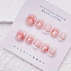10Pcs Handmade Nails Gentle Pink with Cherry Blossom&Glitter Accents French Tip False Nail for Women&Girl Removable Wear Nail
