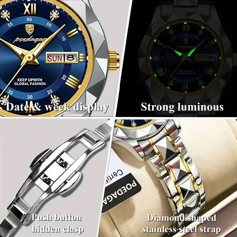 Luxury and Elegant Women's Swiss Quartz Watch Waterproof Dual Calendar Luminous Casual Watch