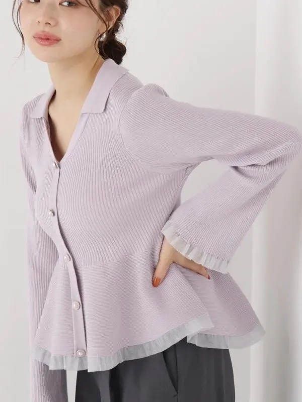 New Japanese Style V-neck Soft Knit Sweater with Black Fungus Edge and Flared Sleeves Mesh Hem Waist Cinching Short Cardigan