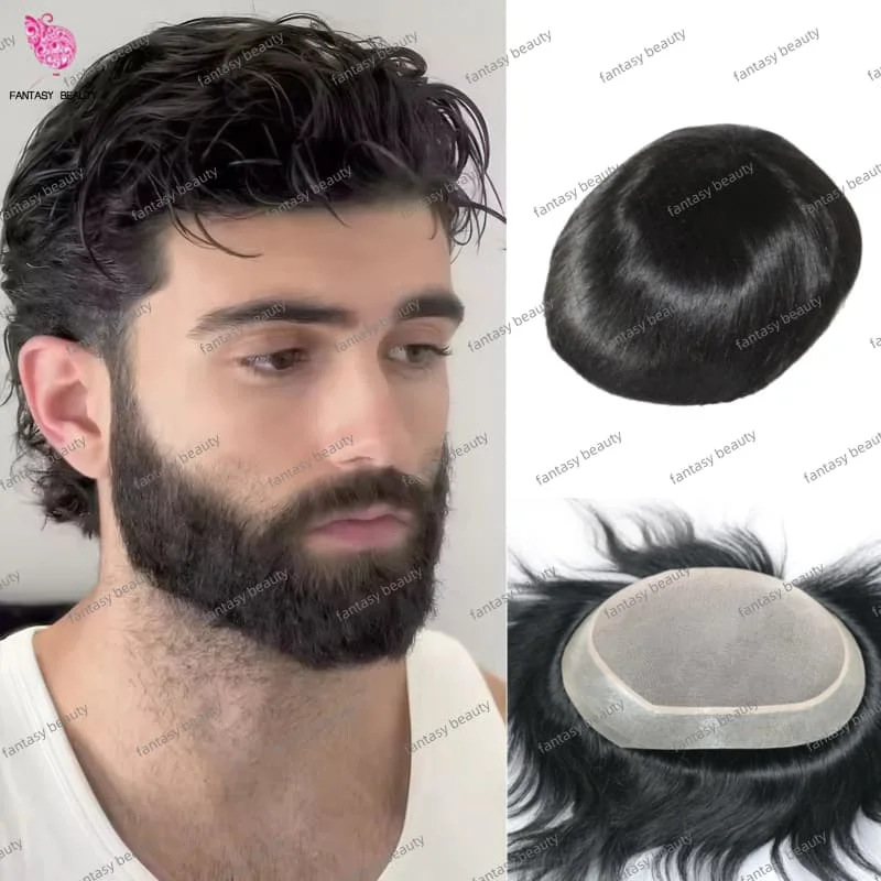 

Мужской парик, тонкий моно NPU вокруг парика из человеческих волос, мужской парик, 100% настоящие индийские человеческие волосы, прямая волна, шиньон # 1 # 1bНатуральный черный