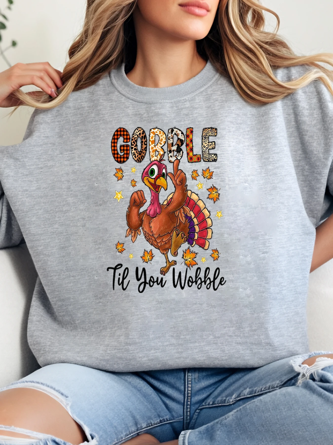 

Gobble Til You Wobble Turkey Print Thanksgiving Crewneck Sweatshirt Women Casual Fall Holiday Wear Gray Plus-Size