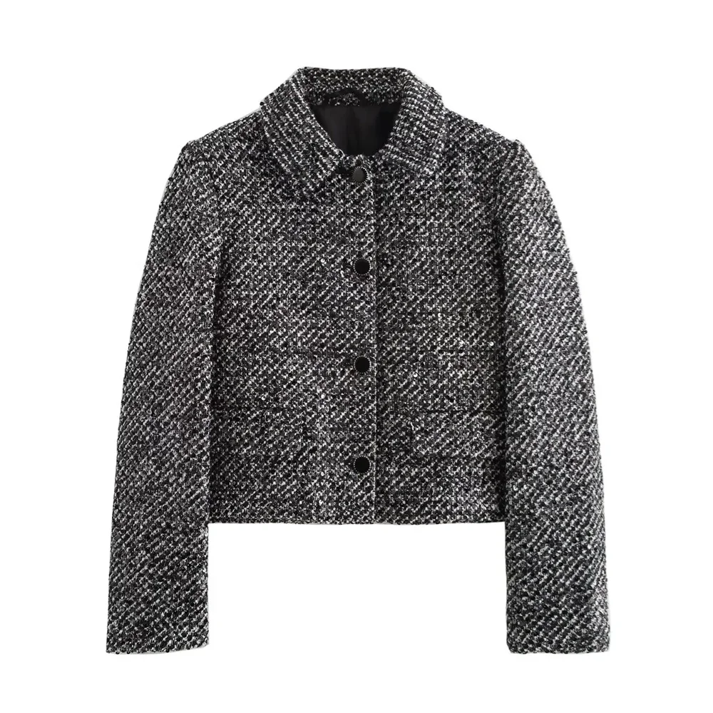 

LIBIELIY LIBIELIY 2025 Loose Lapel Long Sleeved Pearl Embellished Texture Short Suit Jacket Autumn And Winter New Women's Warm J