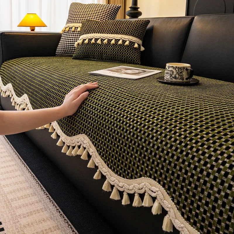Mid-Century Straight Row Sofa Cover Mats Gingham New Tassel Edge All-Season Fixed Non-Slip Green Sofa Throw Cover for Home Decor