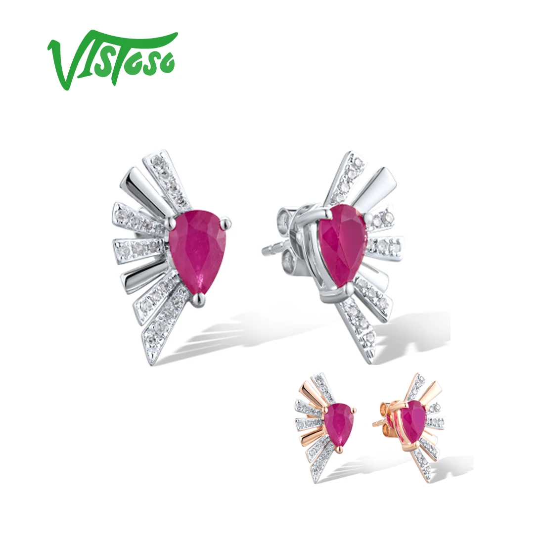 VISTOSO Authentic 14K 585 Rose/White Stud Earrings For Women Sparkling Diamond Ruby Delicate Wedding Anniversary Fine Jewelry