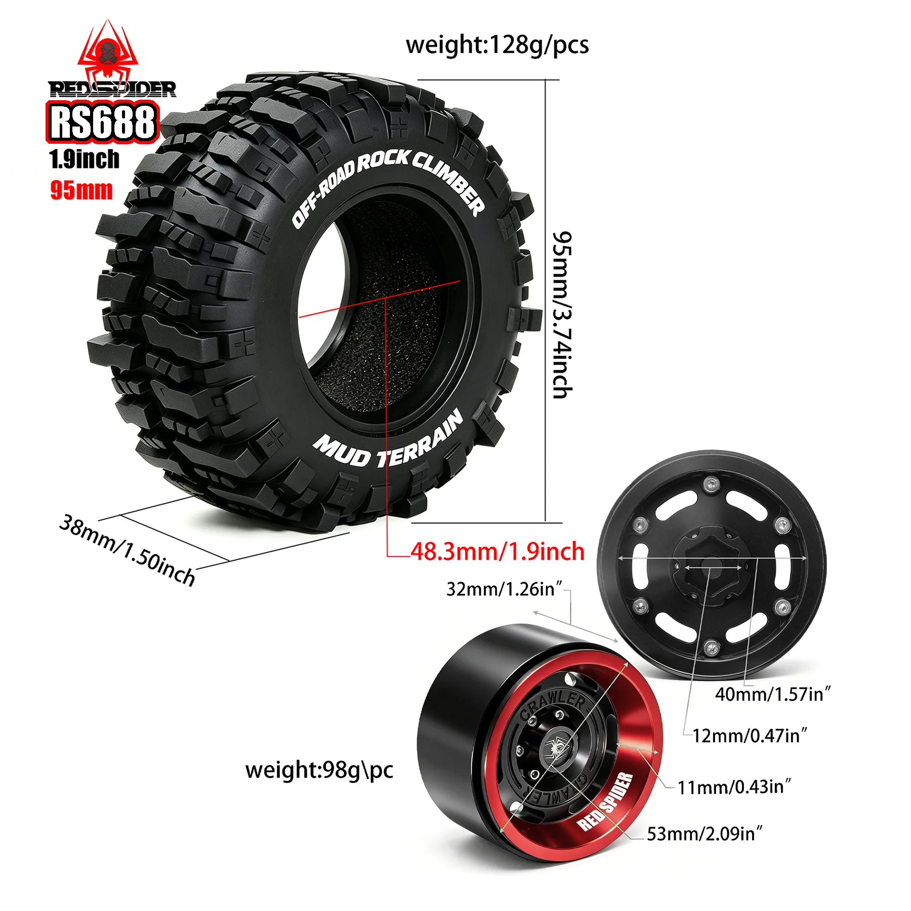 RED SPIDER 4Pcs 95mm 1.9 Inch RC Rubber Tires Metal Beadlock Wheel Rims Set For 1/10 RC Crawler TRX4 SCX10 Capra AX10 Wraith