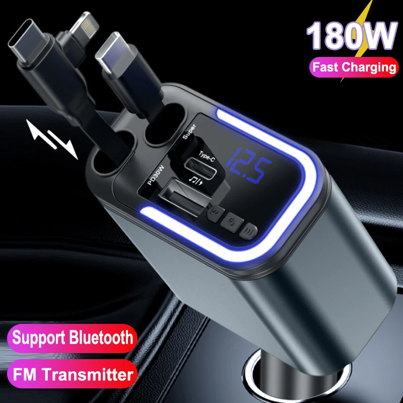 

180 Вт Bluetooth 5 в 1, выдвижное автомобильное зарядное устройство, кабель типа C для мобильного телефона для iPhone, шнур быстрой зарядки, адаптер прикуривателя