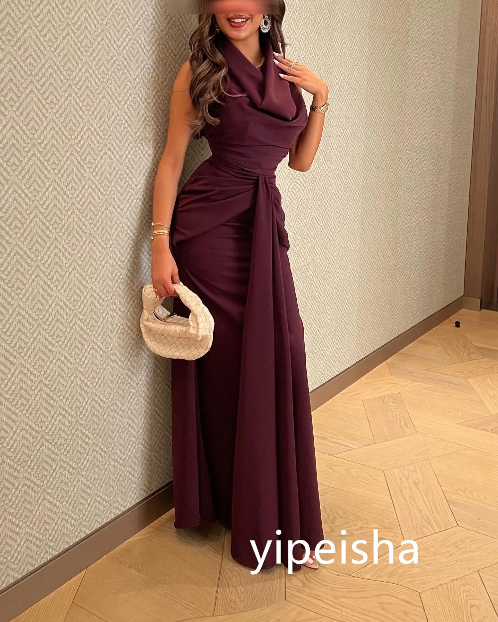 Customized Matching Jersey Pleat A-line V-neck Midi Dresses Evening Dresses Classic Exquisite Modern Style Pastrol Unisex Chines