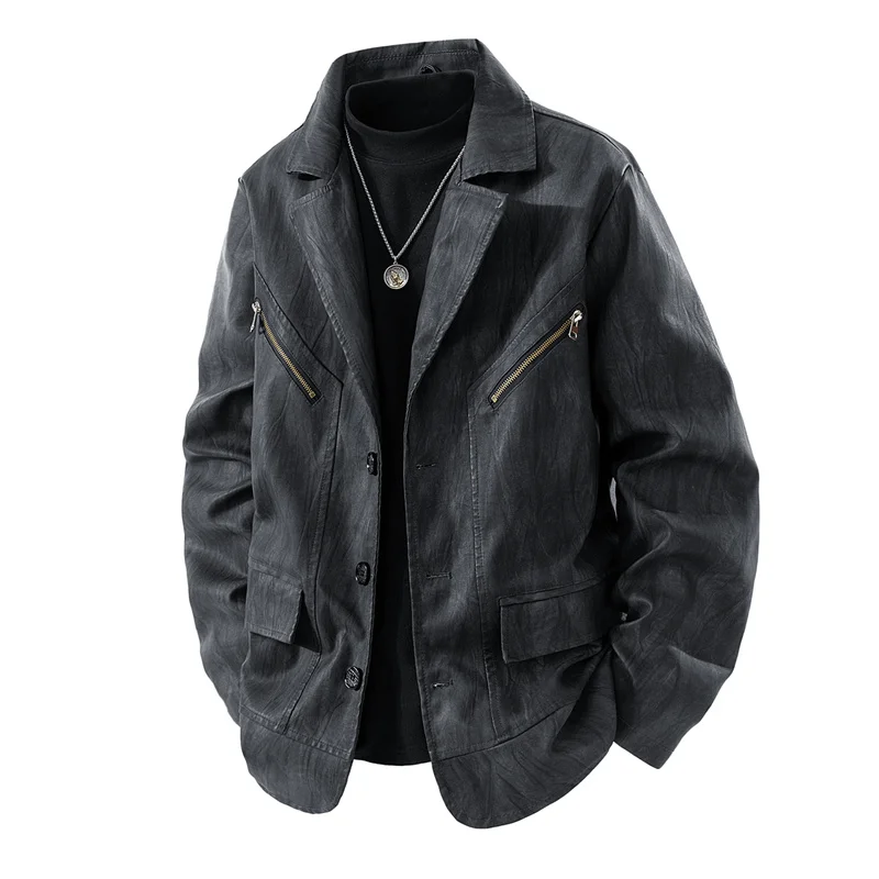 Spring Autumn Casual Lapel Men Tops Outdoors Loose Simplicity Solid Comfort Coat New Fashion Versatile Leather Jacket Men