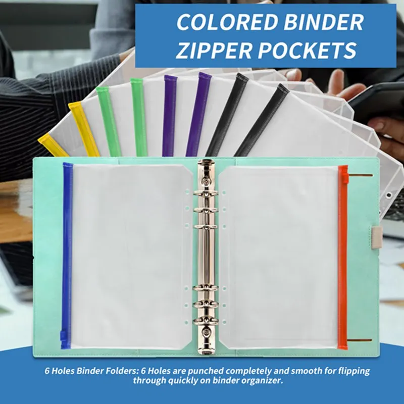 12PCS Binder Pockets A5 Size 6 Holes Zipper Binder Pouch Folders for 6-Ring Notebook Binder Loose Leaf Bags-SPMI