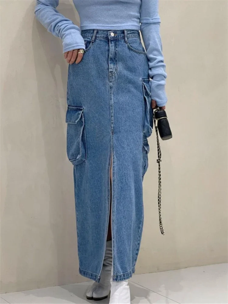 REALEFT วินเทจสูงเอวด้านหน้าแยกผู้หญิง Cargo DENIM กระโปรง 2024 ฤดูใบไม้ผลิฤดูร้อนใหม่แฟชั่นกางเกงยีนส์ A-Line กระโปรงหญิง