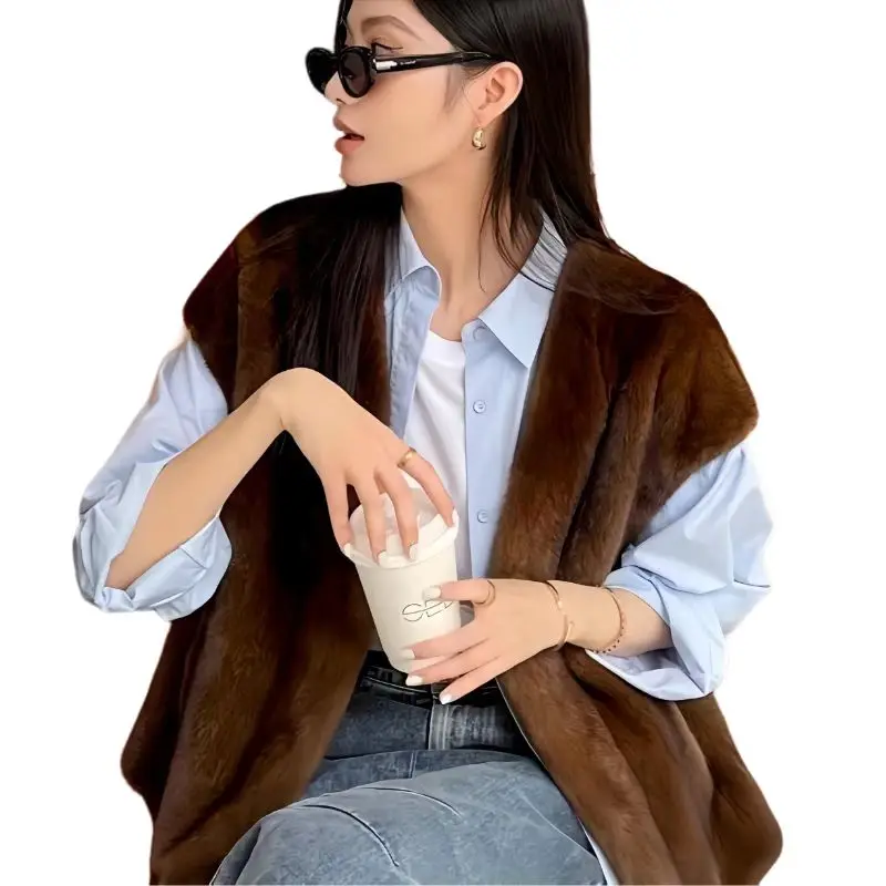 Faux Fur Waistcoat for Womens,Chic Splice Mink Coat Ladies Sleeveless Fur Vest Jacket, Slim Faux Fur Outwear Vests, New
