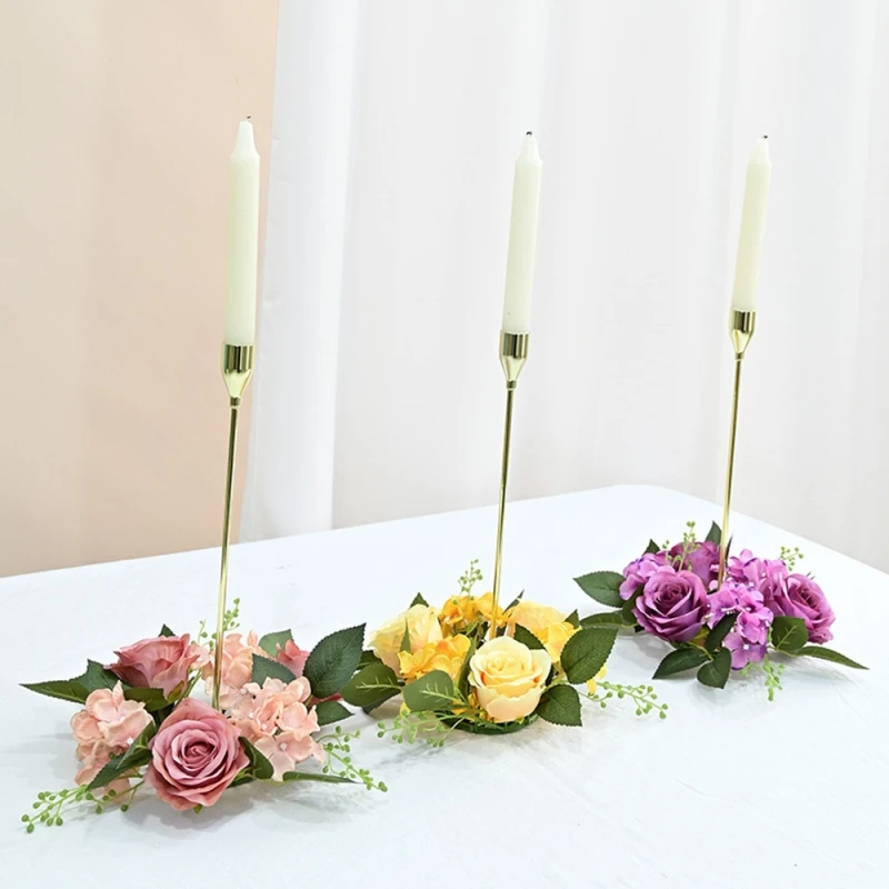 20CM Candlestick Garland Wreath Artificial Rose Candle Holder Flower Ring Home Party Wedding Table Decoration