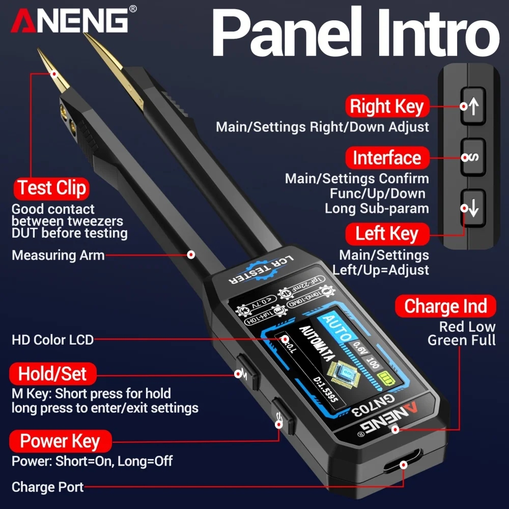 

Мини-тестер GN703 Smart Bridge Tweezers: измерение сопротивления, емкости, индуктивности, целостности цепи, диодов, частоты.