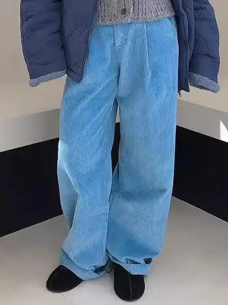 レトロなハイウエストワイドレッグコーデュロイパンツ、伸縮性のあるパーソナライズされたデザイン、韓国風スレ、冬のカジュアルパンツ、女性用