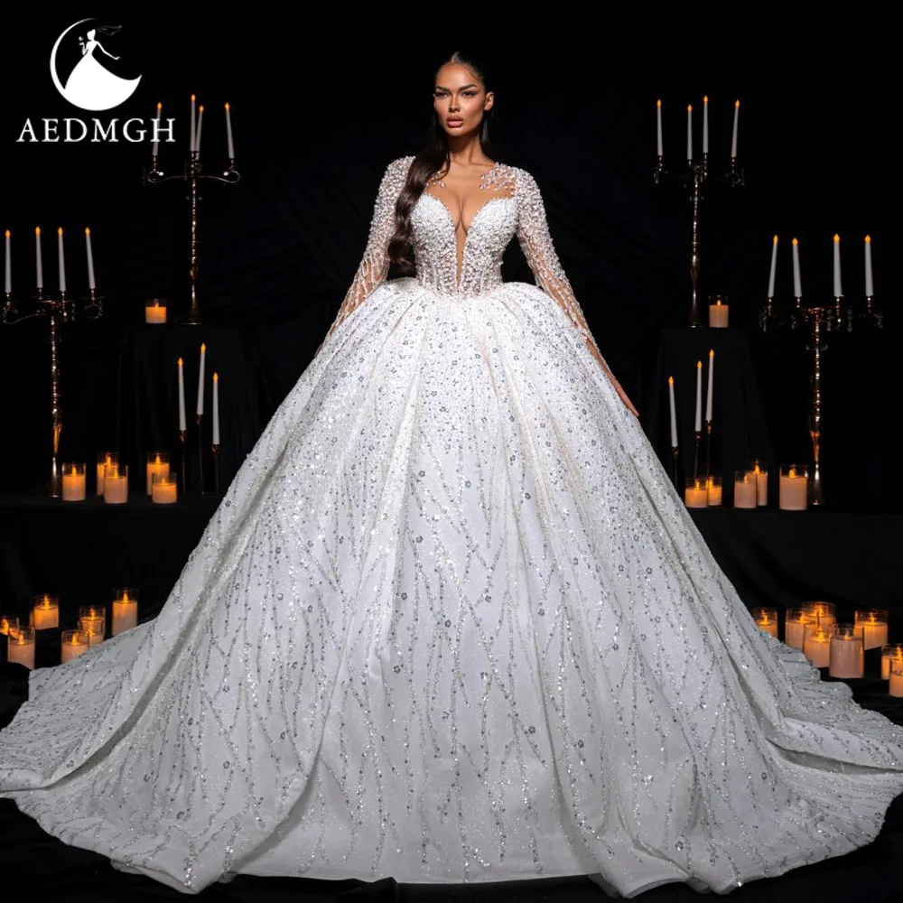 

Бальное платье Aedmgh, роскошные свадебные платья, зубчатое платье Vestido De Novia, кружевное, расшитое бисером и блестками, королевское винтажное свадебное платье на заказ