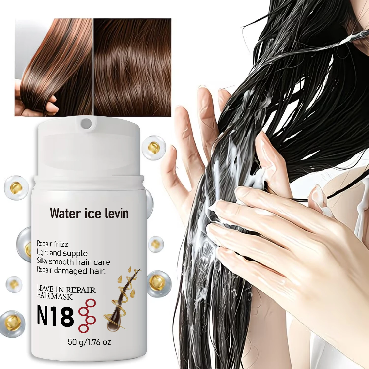 Water Ice Levin Portable N18 No Rinse Hair Mask Daily Repair Rough Damaged Tame Frizz Keep Hair Light Supple Smooth Texture 50g