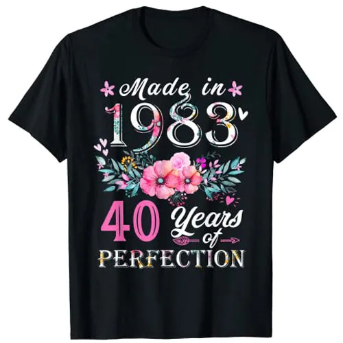 

Floral 40th Birthday Gifts for Women, Made In 1983 Birthday T-Shirt Flower Print Graphic Tee Tops Aesthetic Clothes Mama Outfits