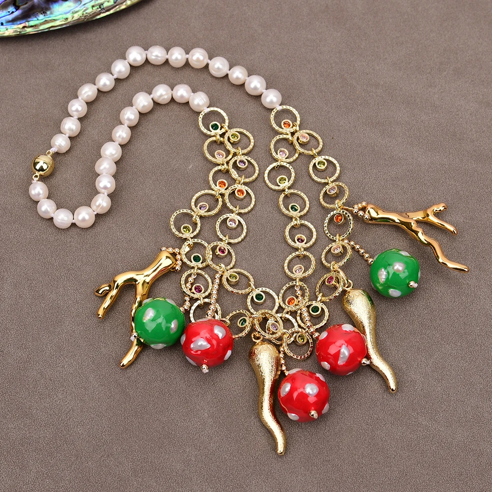 GG 20'' Freshwater Cultured White Pearl Colorful CZ Golden Chain Necklace Enamel Glaze Pearl Resin Coral Branch Charms Pendant