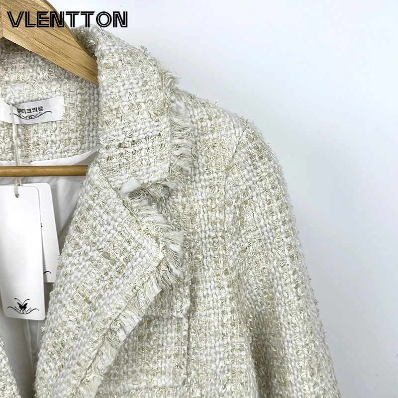 Women Sequins Tweed Blazer Jacket 2025 Autumn Elegant Long Sleeve Tailoring Coat Office Lady Outerwear
