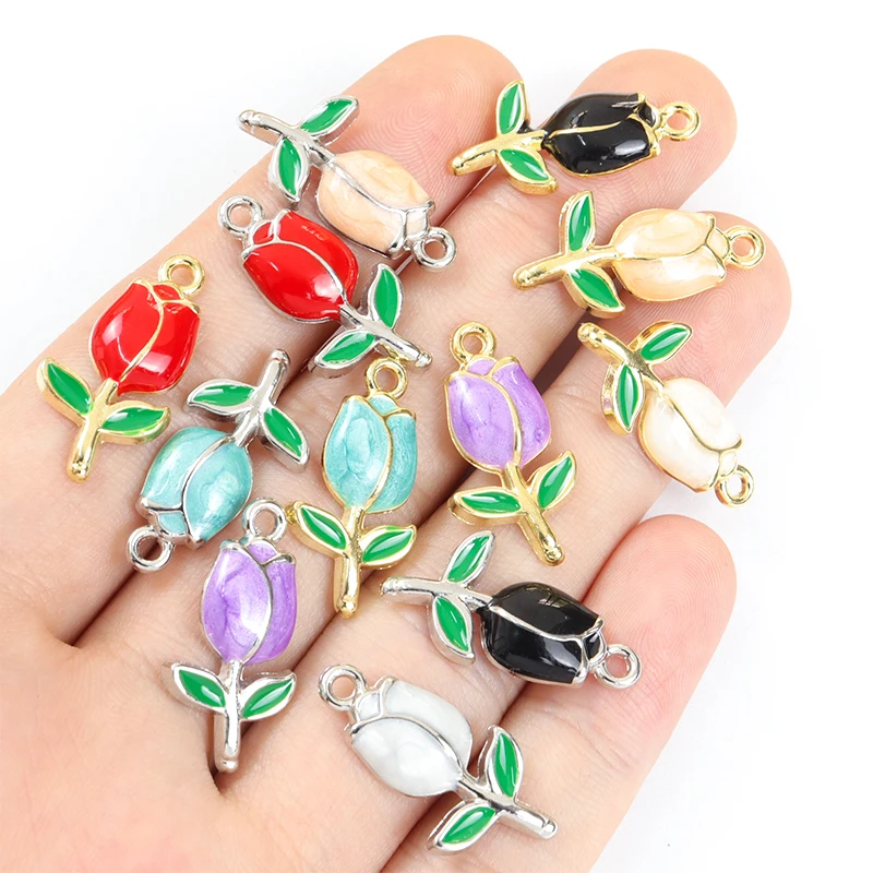 10pcs Elegant Enamel Tulip Charm Fashion Aesthetic Flower Plant Pendant Necklace Bracelet Earring DIY Jewelry Making Accessories