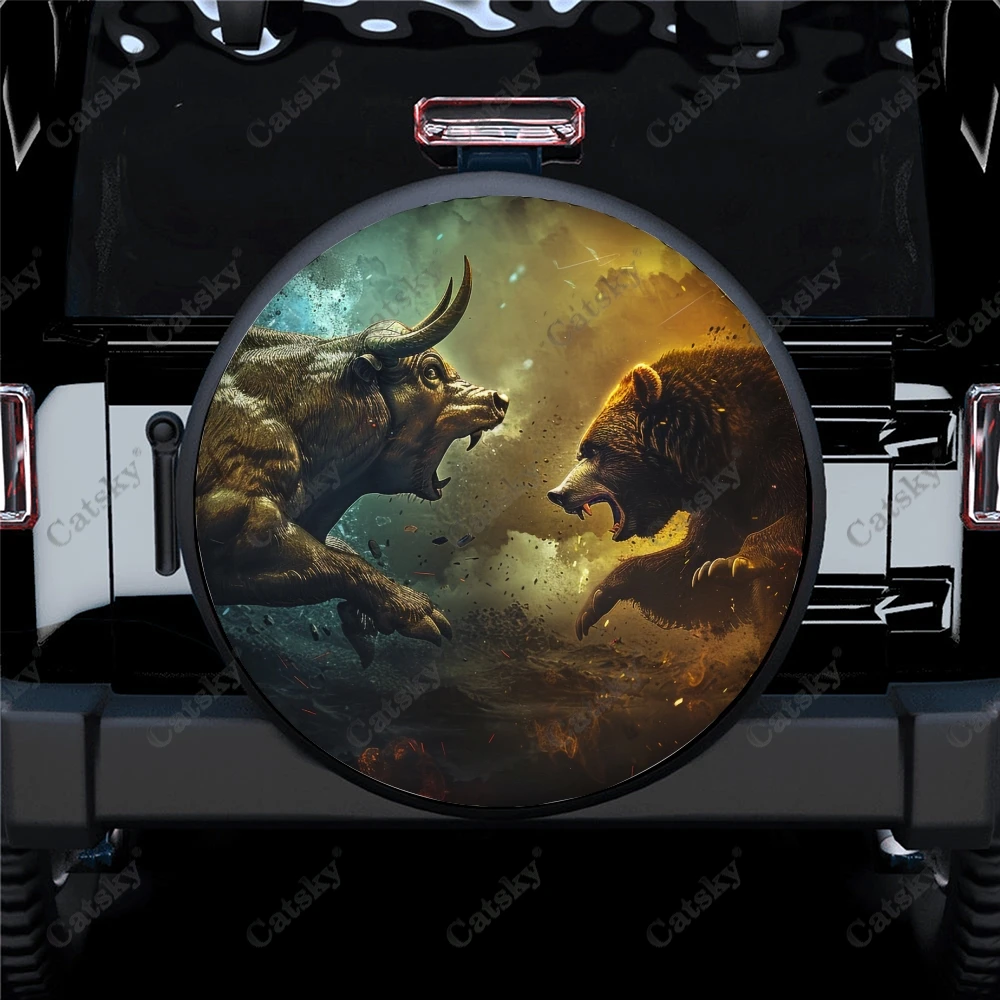 Bear and Bull Fighting Polyester Universal Spare Wheel Tire Cover Custom Tire-Covers for Trailer RV SUV Truck Camper