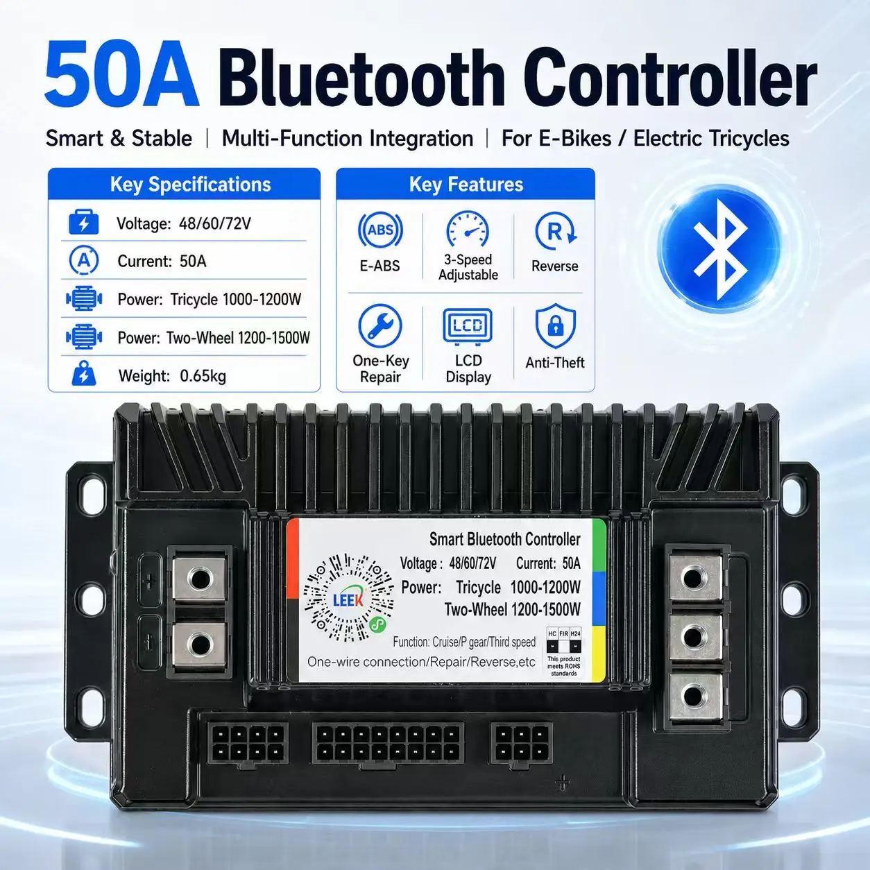 50A Bluetooth Electric Bike Controller 48V/60V/72V E-bike Brushless Motor Controller E-ABS Reverse Speed Control Anti-theft